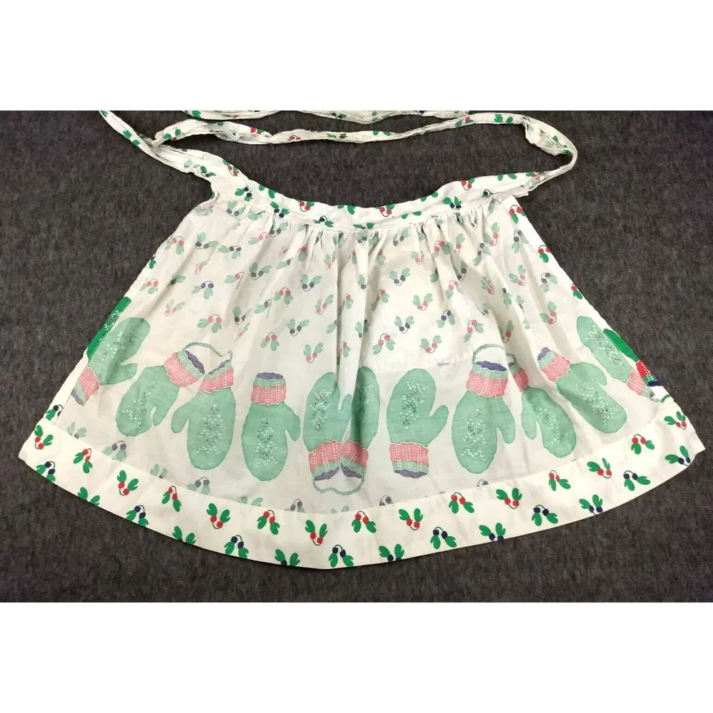 Vintage Cloth HALF APRON Holiday Christmas Lights Mittens White Green Red Pocket